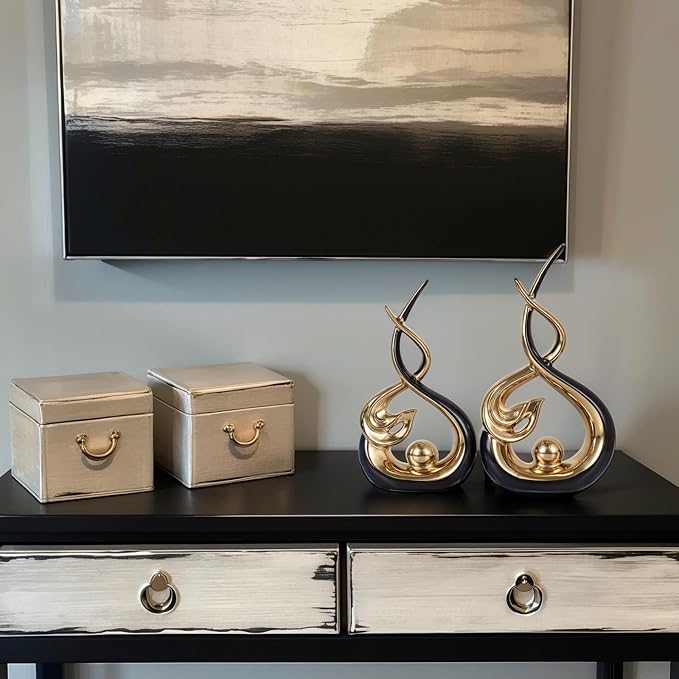 Home Decor Modern Abstract Art Ceramic Statue - 2 PCS Black and Gold Sculptures, Mid Century Modern Decor, Elegant Table Centerpieces for Dining Room, Living Room, Office, Entryway, Bookshelf, Mantel