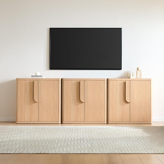 103.5'' Sideboard Buffet Cabinet W/Storage, Modern Accent Cabinets W/Curved Handles & Adjustable Shelves, 6 Doors Coffee Bar Buffet Table Credenza for Living Room Kitchen Hallway, Natural Oak
