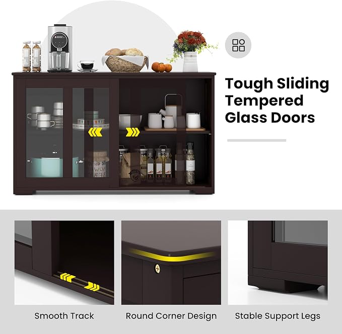 Buffet Cabinet with Storage, Kitchen Sideboard with Sliding Glass Doors, Credenzas Storage Cabinet with Adjustable Shelf, Stackable Kitchen Cupboard for Dining Room Coffee Bar