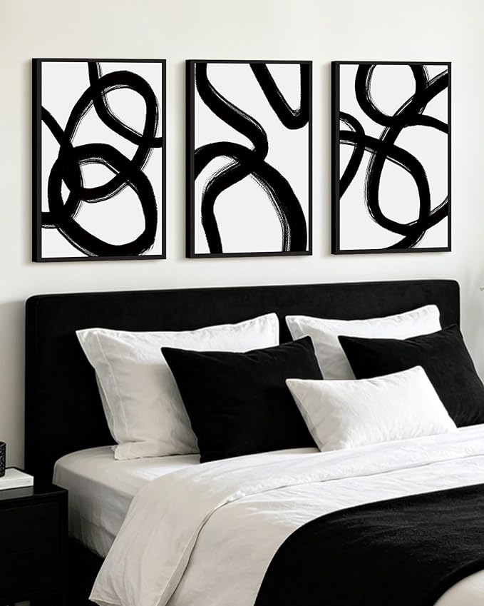 KUVIOKE Black and Gray Abstract Framed Wall Art Ink Wash Minimalist Lines Painting Artwork for Bedroom Hallway 16x24in (Black Framed)