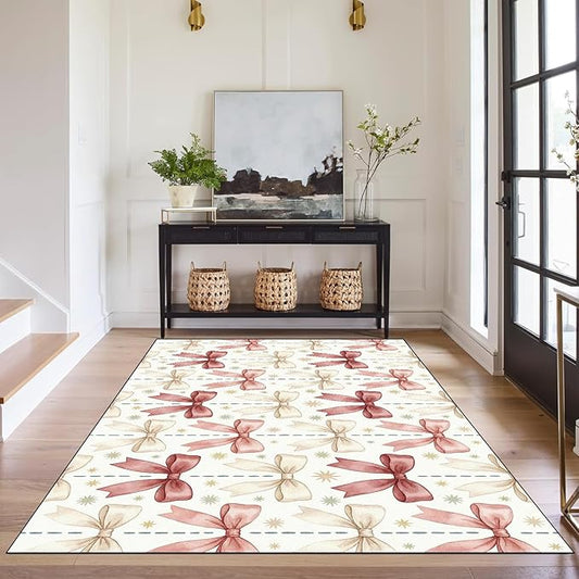 Pink Bowknot Area Rug 3'x5' Watercolor Coquette Aesthetic Non-Slip Washable Carpet for Entryway Bedroom Living Room Nursery Kitchen Playroom Home Decor Soft Low Pile Floor Mat