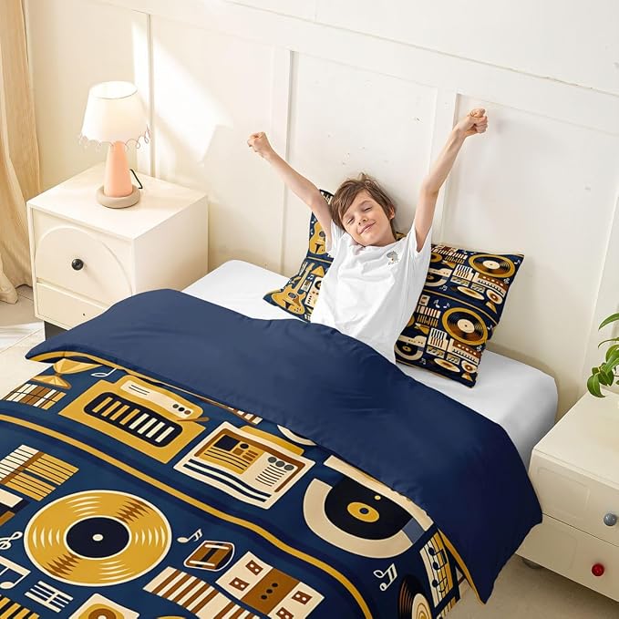 Erosebridal Retro Music Comforter Cover Twin for Boys Men - Vinyl Record Rock Roll Bedding Set Musical Notes Instrument Duvet Cover,Modern Vintage Music Art Bed Set