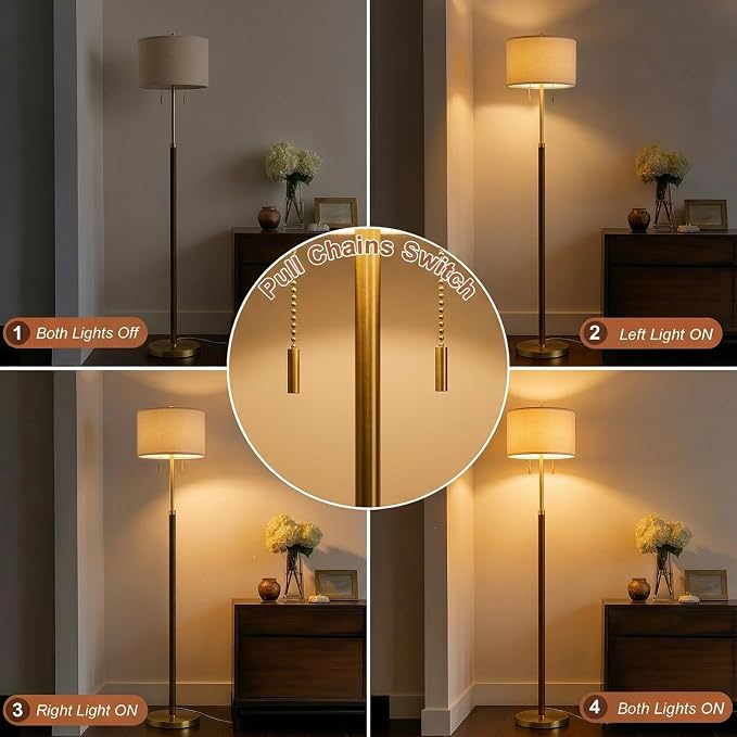 G-SAFAVA Floor Lamp 61" Wood Lamps for Living Room Bedroom 2-Lights Mid Century Modern Standing Tall Lamps for Office Nursery Corner Reading Room Lamp, 3 Color Temperatures 9W Bulbs Included, Walnut