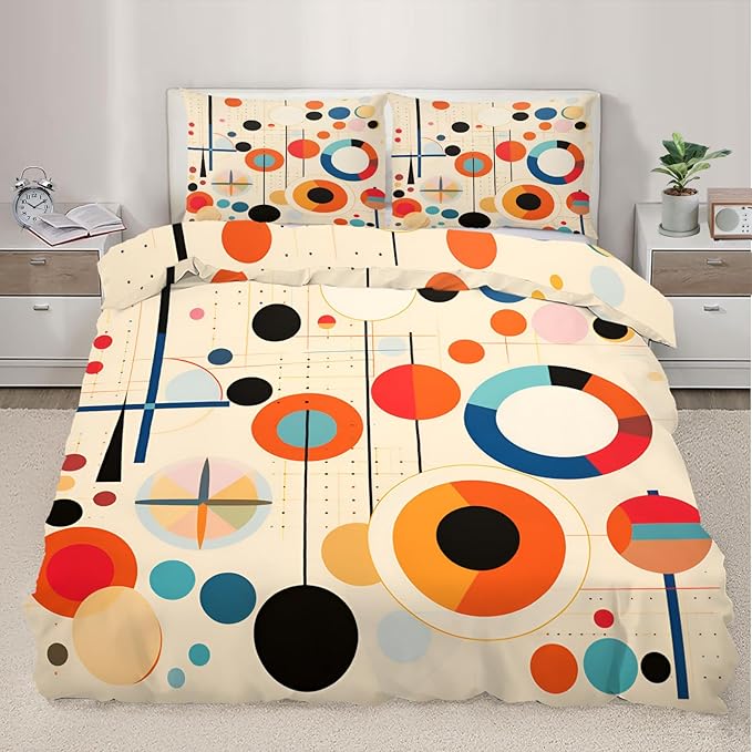 Retro Mid Century Duvet Cover California King, Vintage Geometric Bedding Set 3 Piece Bedroom Decor Abstract Colorful Comforter Cover with Zipper Ties & 2 Pillowcases