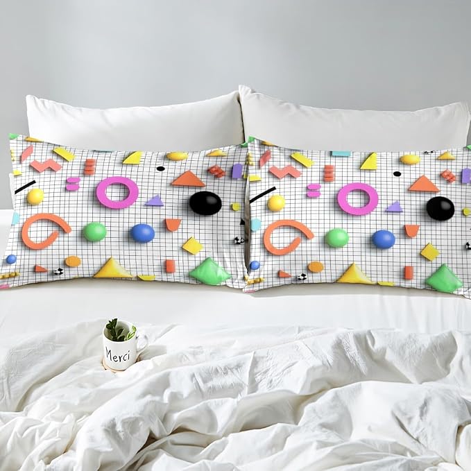 80s 90S Fashion Style Bedding Set Queen Size,Retro Memphis Style Pattern with Geometrical Shapes Duvet Cover for Kids Child,Funky Hipster Old Fashioned Comforter Cover Geometric Bedroom Decor