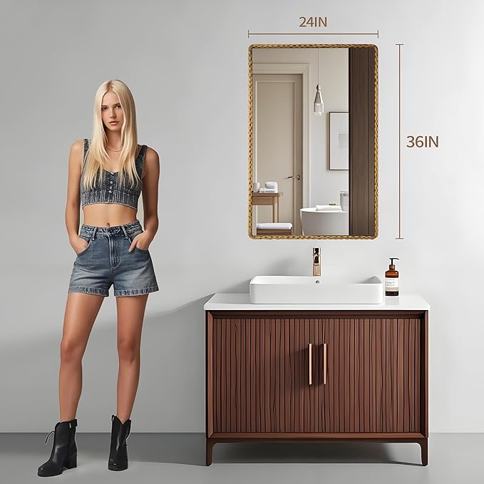 24"x36"Antique Gold Rounded Rectangle Bathroom Mirror, Hammered Metal Frame Wall Mirror, Vintage Decorative Gold Vanity Mirror for Bathroom Over Sink, Horizontal or Vertical Hanging