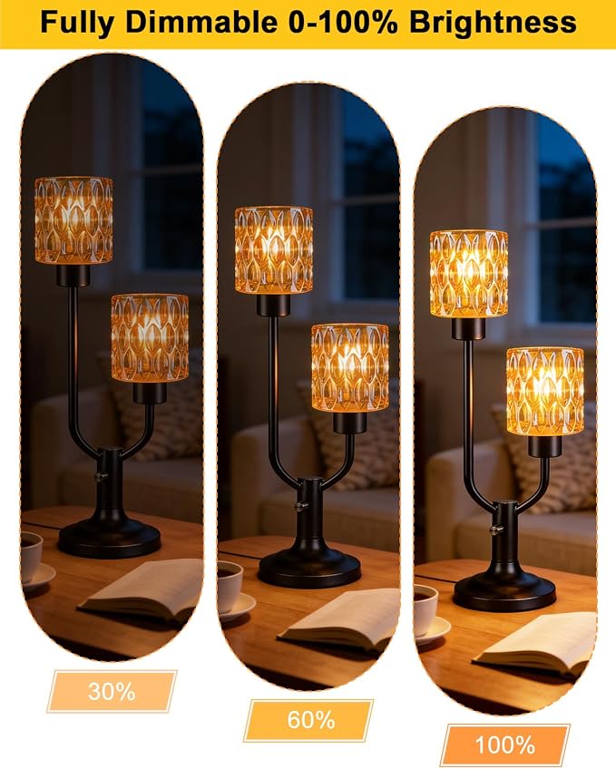 Lightdot Vintage Table Lamp for Bedroom Dimmable Nightstand Lamp Mid Century Modern Amber Glass Black Desk Lamp 2 Bulbs Included Warmwhite Ambient Bedside Lamps for Living Room Home Office Decor Gift