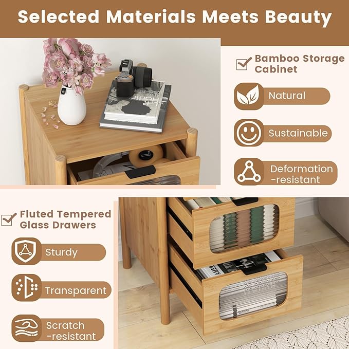 Giantex 4 Drawer Storage Cabinet, Bamboo Storage Organizer with Fluted Tempered Glass Drawers, Mid Century Modern Floor Cabinet for Living Room, Bathroom, Study, Entryway, Natural