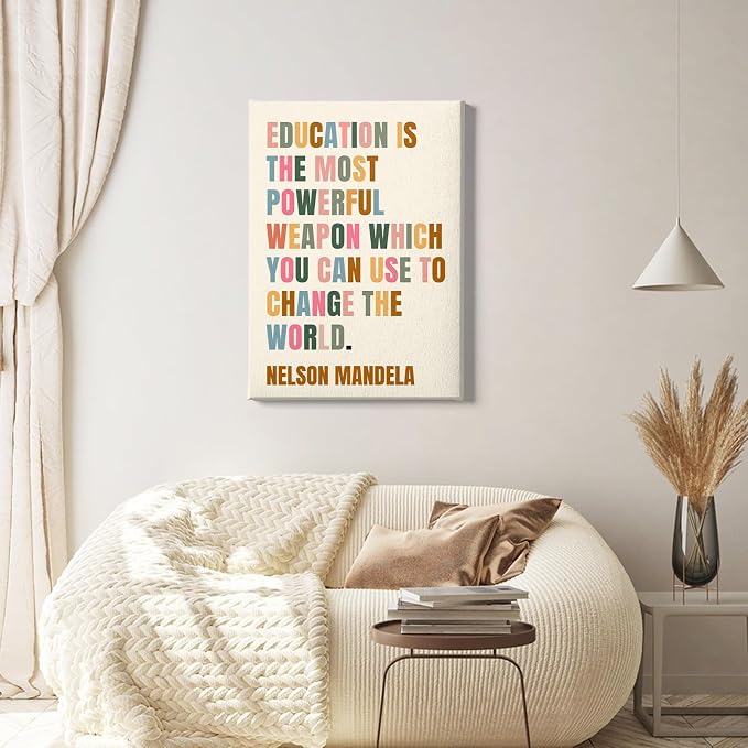 Nelson Mandela Painting Inspirational Word Wall Art Education Quote Poster Motivational Artwork Positive Canvas Wall Art Modern Educational Posters Colorful Inspirational Canvas 16x24inch Framed