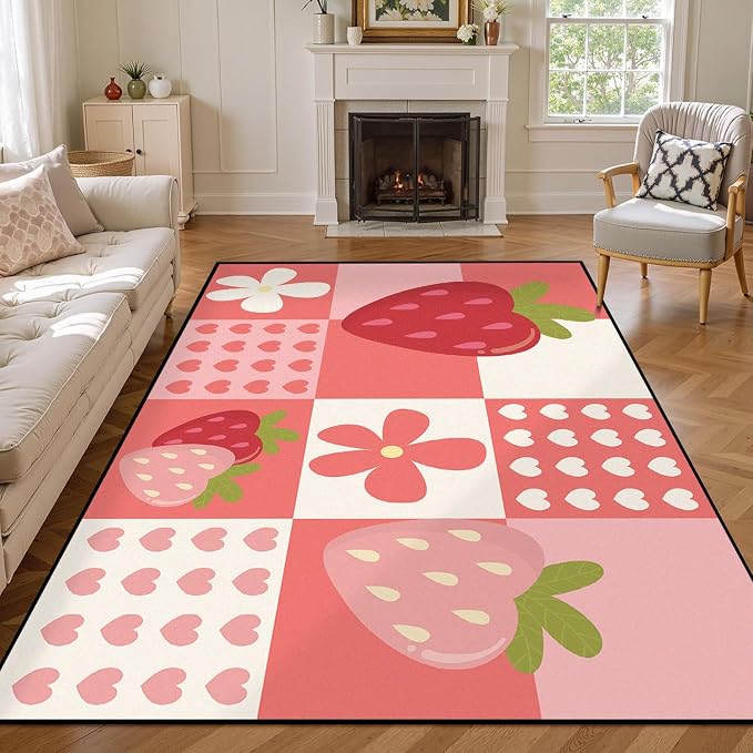 Strawberry Checkered Rug Cute Red Area Rug Love Flower Washable Carpet for Bedroom Living Room Nursery Kitchen Playroom Home Decor Soft Non Slip Floor Mat，5'x7'