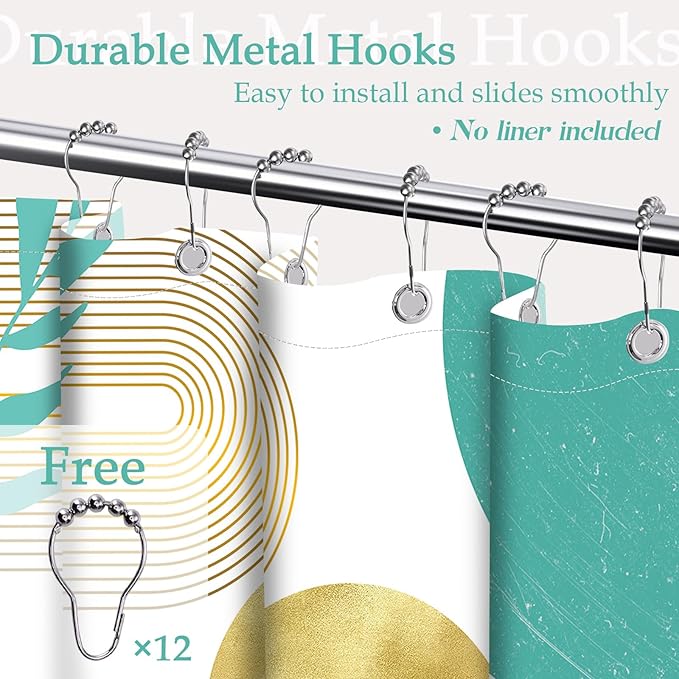 Teal Blue and Gold Shower Curtain Turquoise Aqua and White Shower Curtains for Bathroom Decor Boho Mid Century Bath Curtain Set, Waterproof Fabric with Hooks 60 x 72 Inch