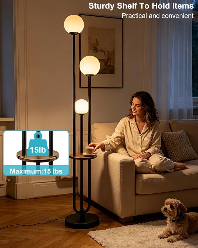 Lightdot Dimmable Floor Lamp for Living Room 3-Globe Standing Lamp with Table Candle Holder Style 3000K Warmwhite Bulbs Included Black Tall Lamps with 5Lbs Heavy Base for Sofa Beside/Corner Decor