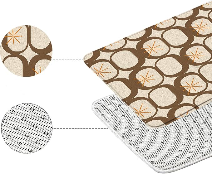 Mid Century Modern Bath Mat Abstract Atomic Geometric Retro 1950s Brown Bathroom Kitchen Toilet Rugs,16x24 Inch