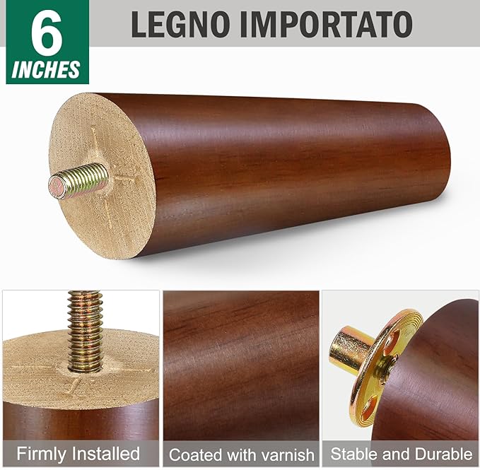 FoDau770 Brown Rubber Wood Furniture Legs 6 Inches, Slant Tapered Wood Feet Mid Century Sofa Legs Set of 4, 5/16" UNC Furniture Feet Replacement Parts for Cabinet Couch Dresser Chair Ottoman Table