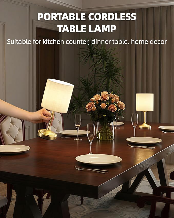 Wireless Lamp, 2-Pack, 8000mAh, Dimmable, Ambient Light, 2700K, Touch Control, Portable, Small, LED, Rechargeable Table, Rechargeable, Cordless, Desk Lamp, Kitchen Lamp, Fabric Shade, for Dining Room