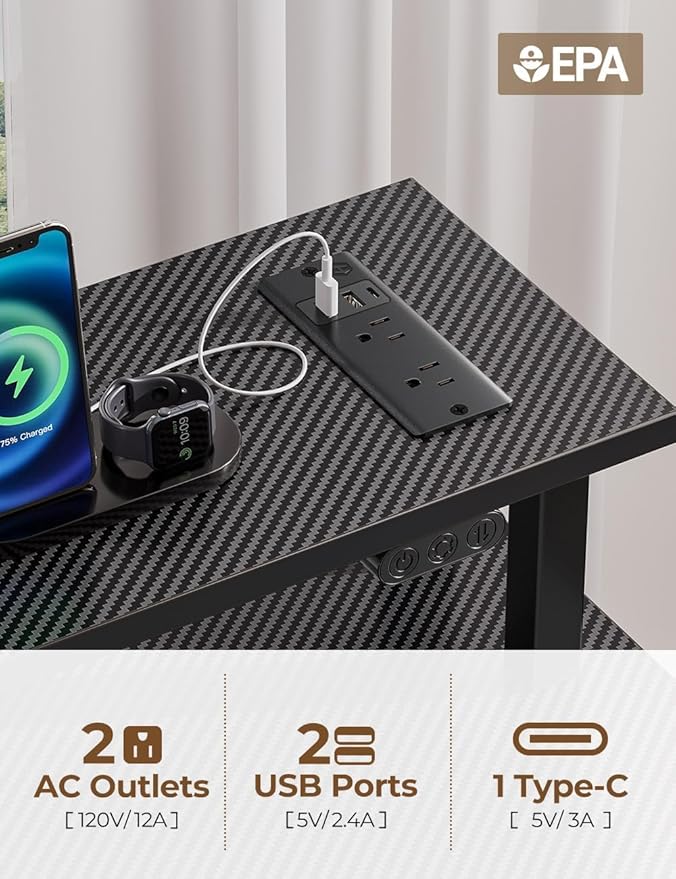 Rolanstar Computer Desk with Power Outlets & LED Light, 39 inch Home Office Desk with 3 Drawers and Storage Shelves, Writing Desk with Monitor Stand, Modern Work Desk for Home Office, Carbon Black