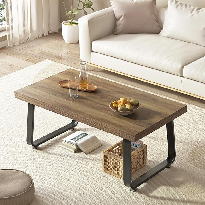 HSH Farmhouse Modern Simple Oak Center Table - Industrial Minimalist Rectangle Living Room Coffee Table, Wood and Metal, Rustic Oak, 39 in