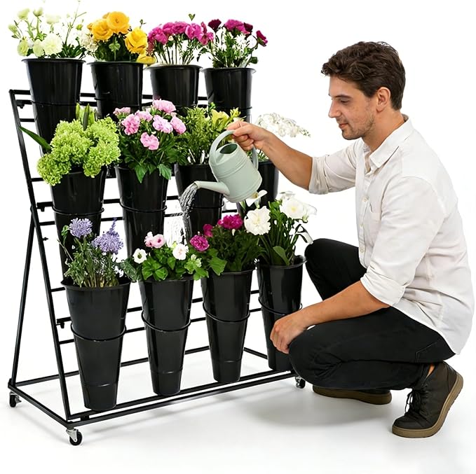 3-Tier Flower Display Stand with 12 Buckets, Heavy Duty Metal Flower Plant Cart with Wheels, Indoor Large Capacity Flower Bar Florist bucket Rack, Moving Florist Bouquet Shelf for Wedding Garden (C, 39.6*23.7*40.6in)
