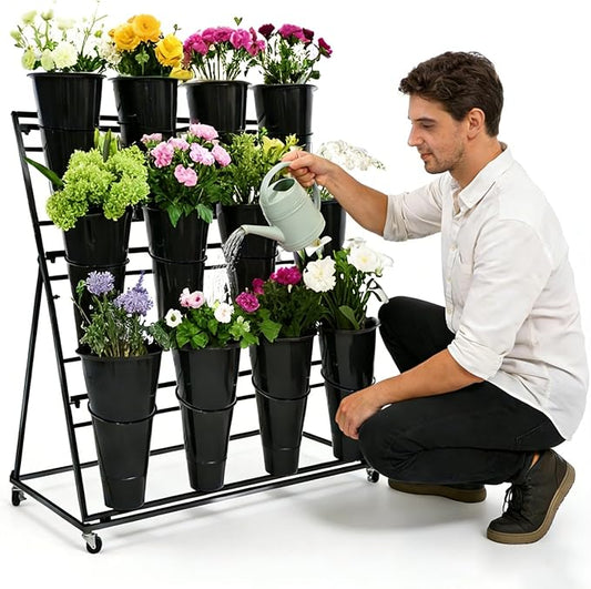 3-Tier Flower Display Stand with 12 Buckets, Heavy Duty Metal Flower Plant Cart with Wheels, Indoor Large Capacity Flower Bar Florist bucket Rack, Moving Florist Bouquet Shelf for Wedding Garden (C, 39.6*23.7*40.6in)