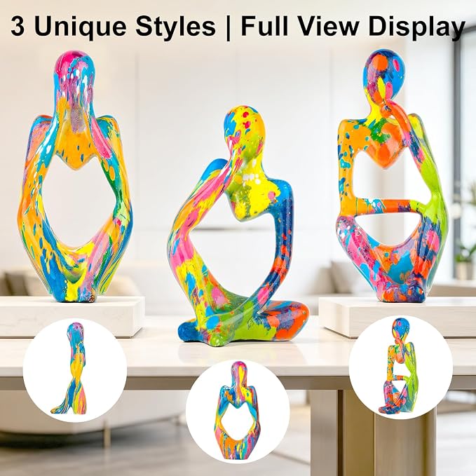 Graffiti Thinker Statue Set of 3, Colorful Abstract Resin Sculpture, Modern Pop Art Figurine for Living Room, Office & Shelf Decor