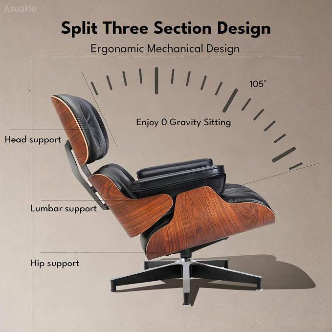 Top Black Grain Leather, Mid Century Chaise Lounge Chair and Ottoman, Accent Chair, Modern Chair, Classic Design, Heavy Duty Base Support for Living Room Lounge Office, Palisander, Heightening