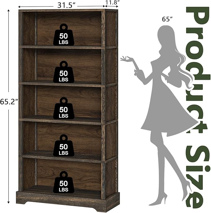 TVU 5-Tier Solid Wood Book Shelf, Floor Standing Bookcase, 65" H × 31.5" W × 11.8" D Bookshelf, Farmhouse Style Book Case with Arched Base, Suitable for Living Room, Study, Office, Walnut