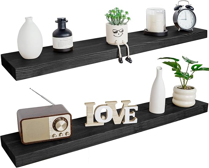 BGMG Wood Floating Shelves for Wall 60 inch Set of 2,Black Floating Shelves,Solid Wood Wall Mount Shelves for Bathroom Living Room Bedroom Kitchen Farmhouse -60x6.7x1.75 inch