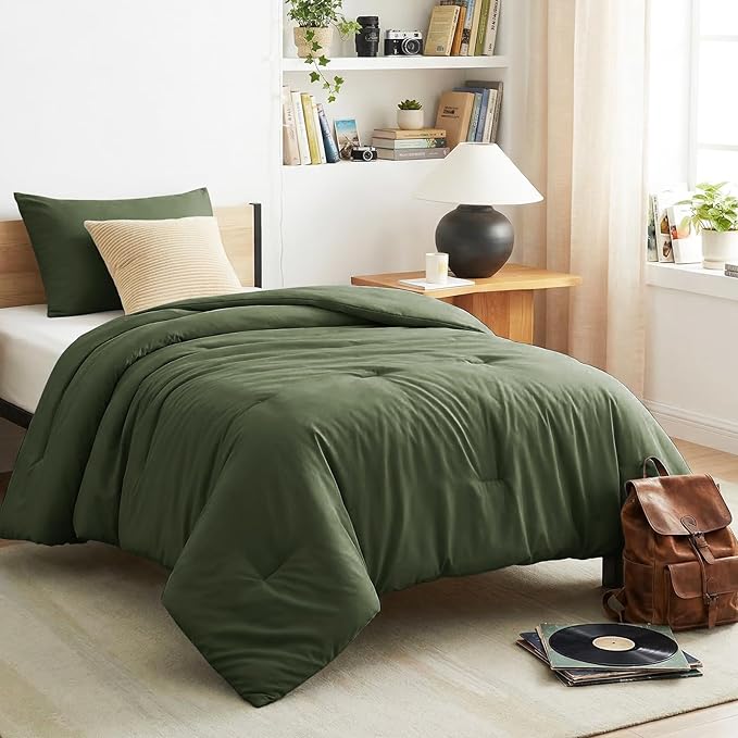 CozyLux Twin Comforter Set College Dorm Essentials, 2 Pieces Olive Green Twin Extra Long Solid Bedding Set, Twin XL Bed Set with Down Alternative Comforter and 1 Pillowcase, Back to School Room Gift