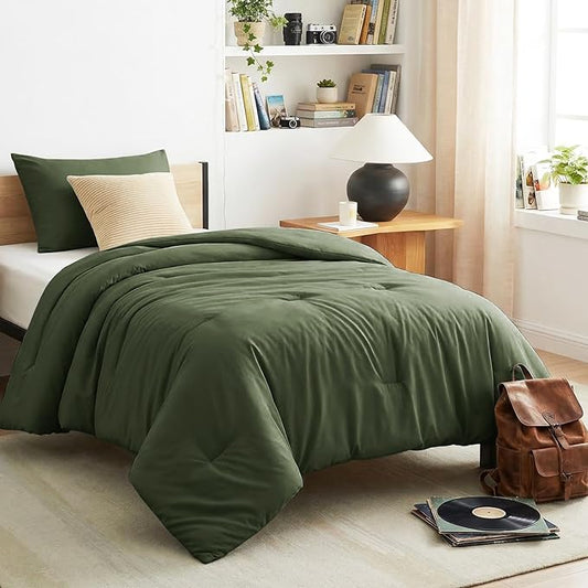 CozyLux Twin Comforter Set College Dorm Essentials, 2 Pieces Olive Green Twin Extra Long Solid Bedding Set, Twin XL Bed Set with Down Alternative Comforter and 1 Pillowcase, Back to School Room Gift