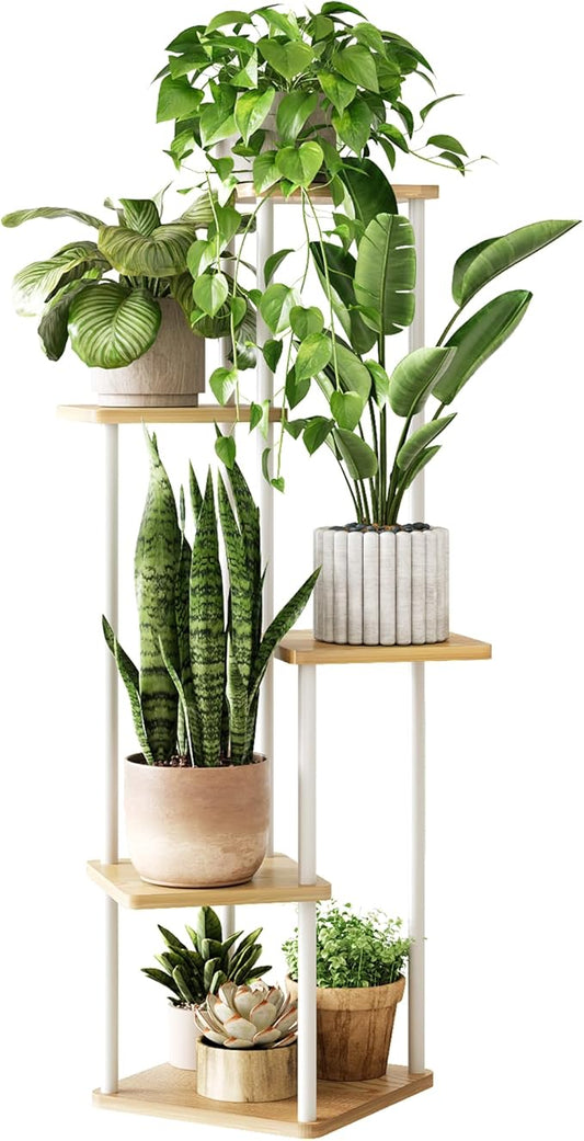 GENTINGBRO Tall Plant Stand Indoor 5 Tiered Plant Shelf for Multiple Plants Coner Shelf Stand Wood Plant Stand Metal Shelving for Living Room Bedroom Balcony Patio White