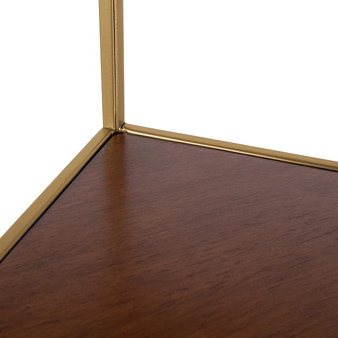 Kate and Laurel Melora Mid-Century Modern Corner Shelf; 24 x 38 x 17; Walnut and Gold; Glamorous Floating Corner Shelving with Four Shelves and Unique Geometric Shape