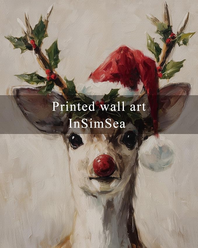 InSimSea Christmas Decor Framed Wall Art, Elk wearing a Santa hat Canvas Painting, elegant Holiday decor Unique Christmas Gifts For Table Wall Farmhouse Mantel Home Office 16L x 12W