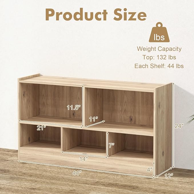 DORTALA 2-Tier Bookcase, 5 Cube Wood Storage Cube Bookshelf, Floor Standing Display Storage Shelf with Non-Slip Foot Pads, Storage Organizer Bookcase for Home Office, Living Room (Natural)