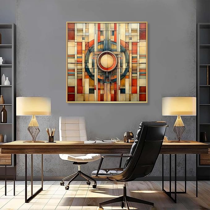 Glethua Mid Century Modern Colorful Canvas Wall Art, Geometric Abstract Wall Decor, Neutral Home Decor Aesthetic, Minimalist Artwork for Office Living Room Bedroom (Gold Framed, 40"x40"/102x102cm)