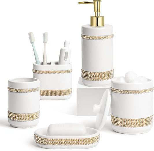 RQYIXI Bathroom Accessories Set with Diamonds 5 Pieces Toothbrush Holder Soap Dispenser Ceramic Bathroom Accessory Set Contain Cotton Swab Jar Toothbrush Cup Soap Dish Tumbler