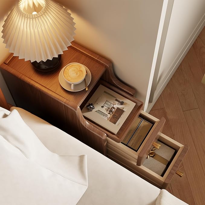AQIMUELE Small Nightstand with Drawers, Solid Wood Bedside Table, Narrow Walnut Nightstand for Bedroom