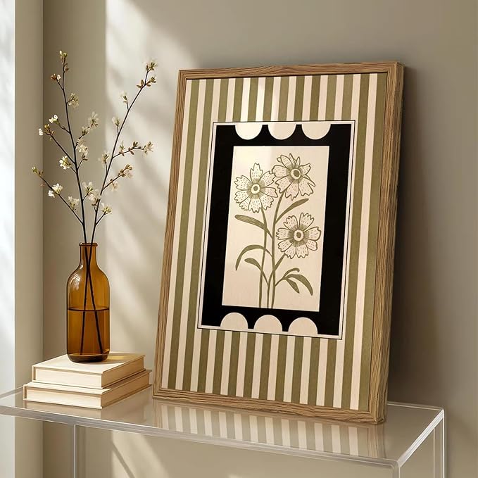 Modern Boho Flower Wall Art Abstract Plant Floral Wall Decor Painting, Vintage Botanical Striped Poster Canvas Print Picture for Living Room Bedroom 12x16 inch Wood Framed