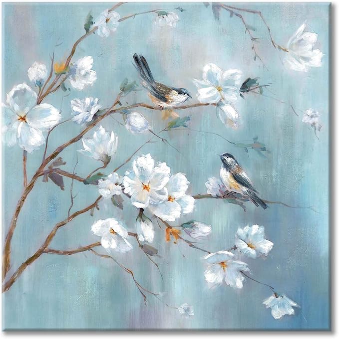 White Floral Canvas Artwork Wall: Elegant Flower Tree and Birds Wall Art Painting for Living Room (20'' x 20'' x 1 Panel)