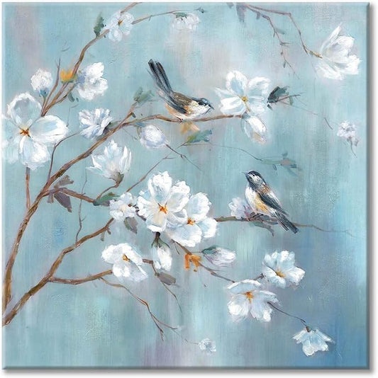 White Floral Canvas Artwork Wall: Elegant Flower Tree and Birds Wall Art Painting for Living Room (20'' x 20'' x 1 Panel)