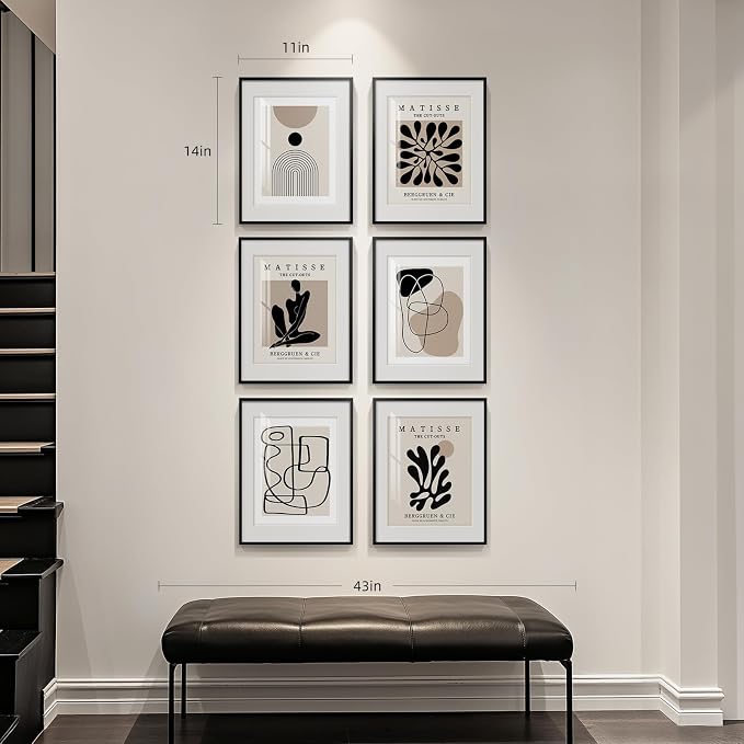 Framed Neutral Abstract Wall Art for Living Room, Set of 6 Minimalist Black Beige Prints Artwork for Walls, Modern Matisse and Geometric Pictures for Bedroom Dining Room Bathroom Wall Decor 11x14 In