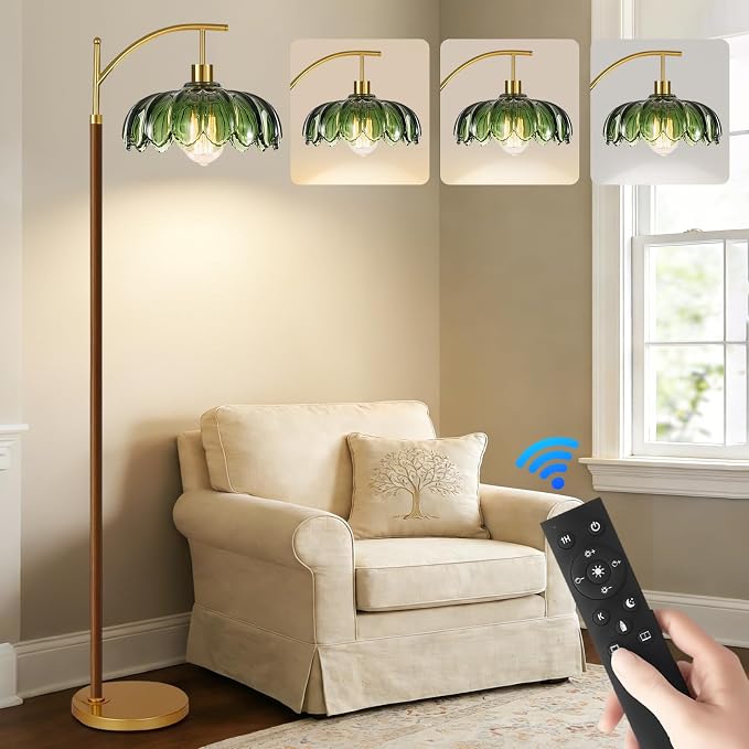 ILLMTW Wood Floor Lamp for Living Room,Bedroom,Glass Mid Century Modern Standing Lamp with Remote Dimmable,Vintage Gold Arc Tall Lamp Green Flower Lamp Shade Floor Lights Boho Bohemian Tiffany Style