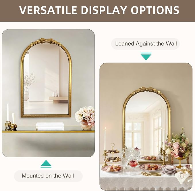 Vintage Gold Bow Arched Mirror 24"x39" - Large Elegant French Ribbon & Beaded Metal Frame Wall Mirror - Antique Baroque Decor Wall Mirror for Bedroom Dresser, Bathroom, Living Room