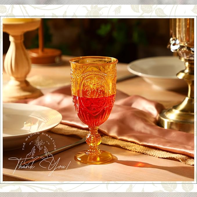 60 Pack Plastic Goblets 10oz Upgrade Vintage Water Goblet Plastic Wine Glasses Colored Retro Embossed Glassware for Party Wine Bar Juice Baby Shower Wedding Reception Grand (Amber)