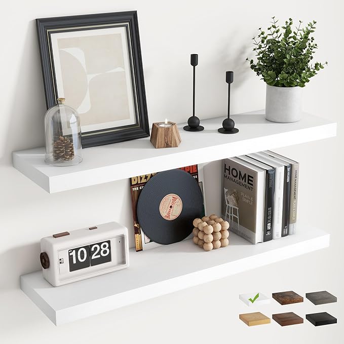 Floating Shelves for Wall with Invisible Brackets, Wall Mounted Engineered Wood Shelves with Wood Grain for Living Room, Bedroom, Bathroom, Kitchen Decor and Storage, Oak, 36"L Set of 2, White