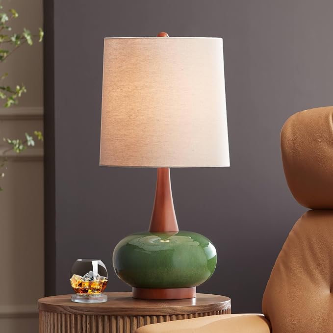 360 Lighting Andi 25" High Mid Century Modern 3-Way Table Lamp Green Ceramic Wood Finish Single Fabric White Shade Cottage Core Living Room Bedroom Bedside Nightstand House Office Colors May Vary
