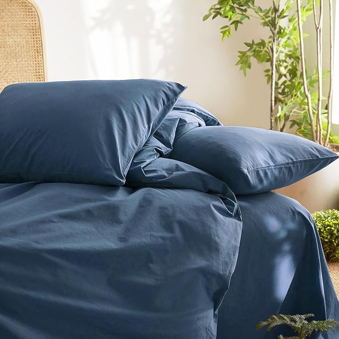Wake In Cloud - Cotton Duvet Cover Set, 100% Washed Cotton, Linen Like Textured, Breathable Durable Comfy Farmhouse Neutral Bedding Set, 3 Pieces, Navy Blue, Full Size
