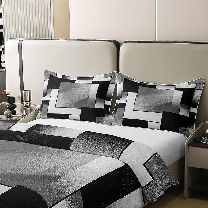 Erosebridal Black Grey Art Bedding Set Full Modern Geometric Square 100% Cotton Duvet Cover Abstract Patchwork Comforter Cover for Kids Teens Adults Mid Century Modern Fashion Bed Set 3 Pcs