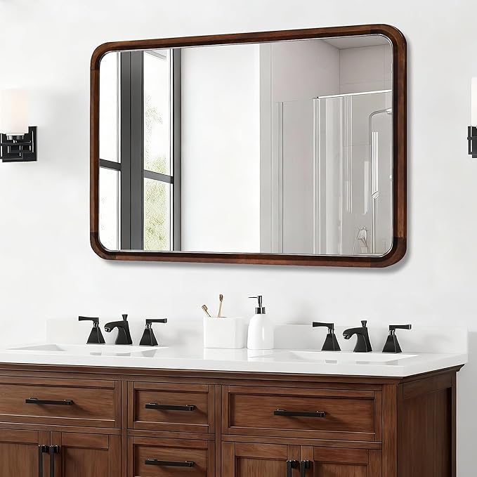 Bathroom Mirror for Wall,Wood Rectangle 30 x 40 inch Hanging Vatiny Tempered Mirrors with Rounded Corner for Living Room,Bedroom,Entryway