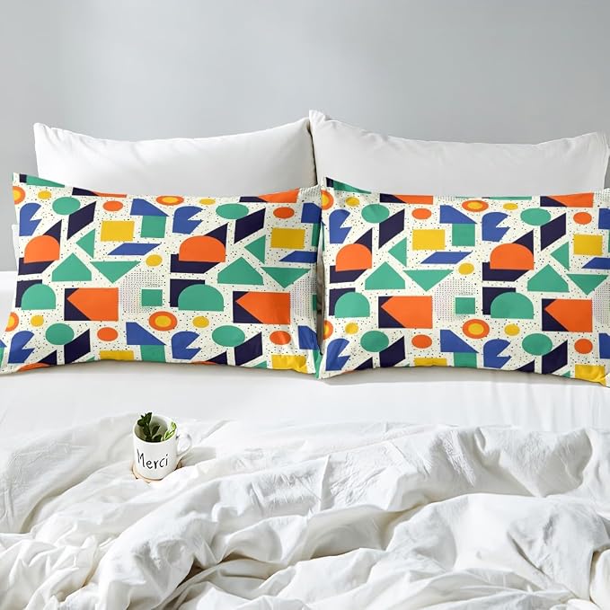 80s 90S Fashion Style Bedding Set Queen Size,Retro Memphis Style Pattern with Geometrical Shapes Duvet Cover for Kids Child,Funky Hipster Old Fashioned Comforter Cover Geometric Bedroom Decor