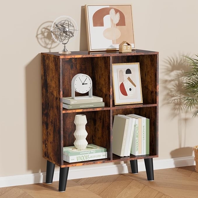 4 Cube Storage Organizer with Legs, 2 Tier Cube Low Bookcase Freestanding Storage Display Organizer for Home Office, Four-Cubes Open Shelf Bookshelf (Retro Brown, 4 Cube)